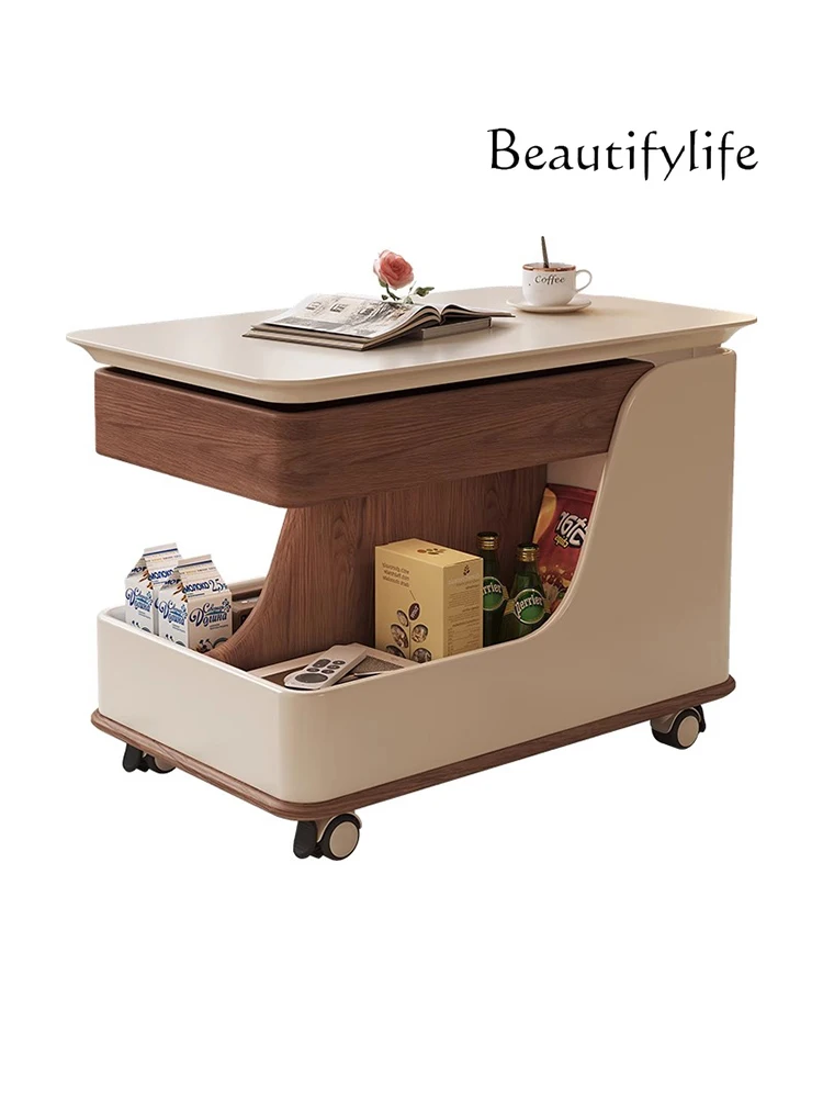 

Cream Style Mobile Tea Table Solid Wood Multi-Functional Nordic Simple Home Lifting Trolley Sofa