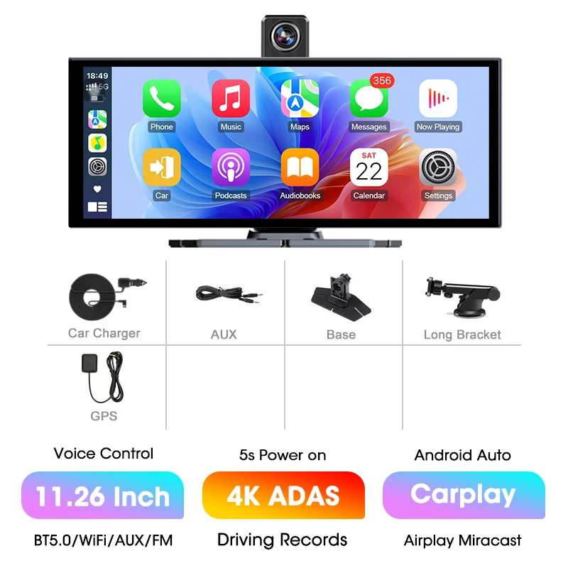 11.26 "4K ADAS Dash Cam Display Draadloos Android Auto CarPlay Scherm DVR Dubbele opname Nachtzicht Auto Intelligente systemen FM