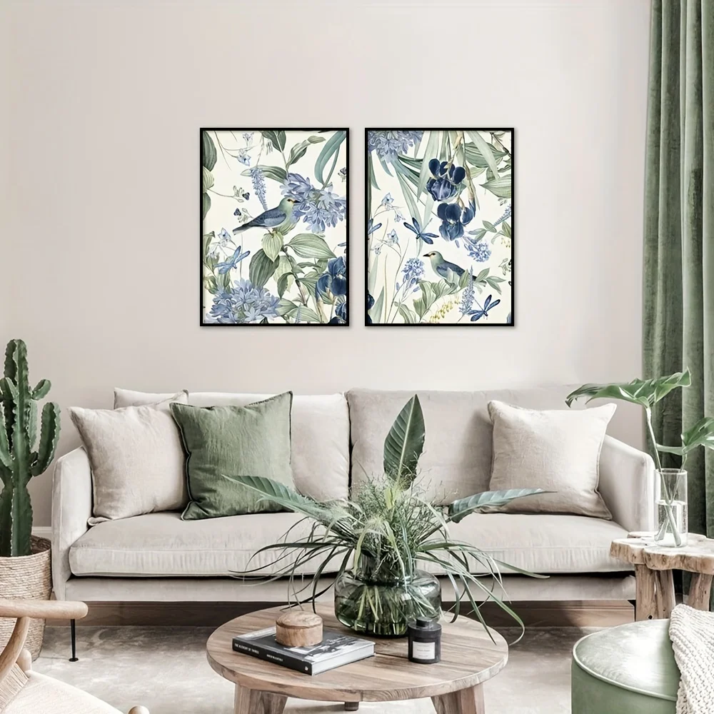 2pcs/set Vintage Bird Plants Flower Print Posters Pastoral Canvas Paintings Wall Art for Living Room Bedroom Decor Unframed