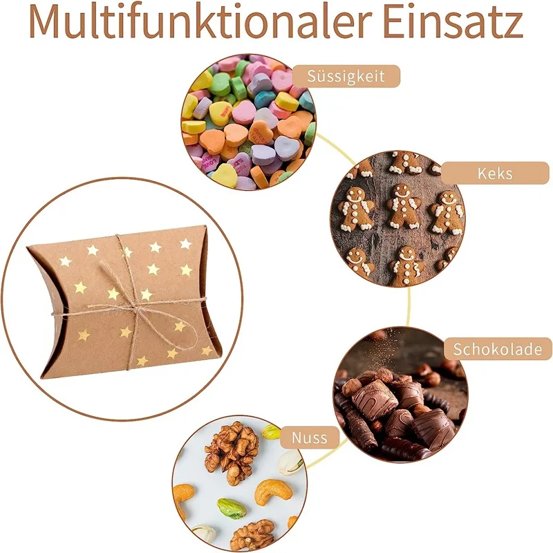 50 Stück kleine Geschenk-Kissenboxen aus Kraftpapier mit Juteschnur für Hochzeit, Neujahrsgeschenk und Geburtstagsparty-Geschenk – Detail 4