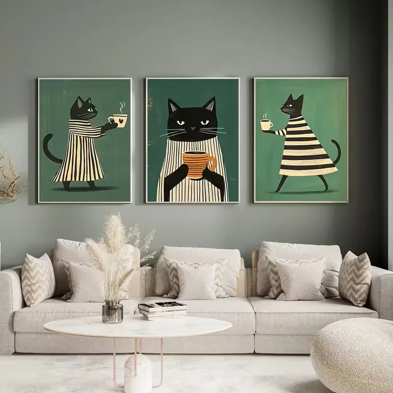 3pcs Black Cat Coffee Leisure Wall Art Printing Green Posters Retro Fun Wall Decorations Black White