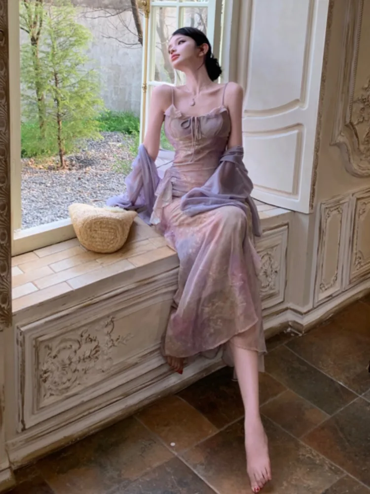 New Chinese Style Purple Embroidered Slim Fit Long Dress Women Summer Design Sense Belted Waist Flattering Full Skirt Dress
