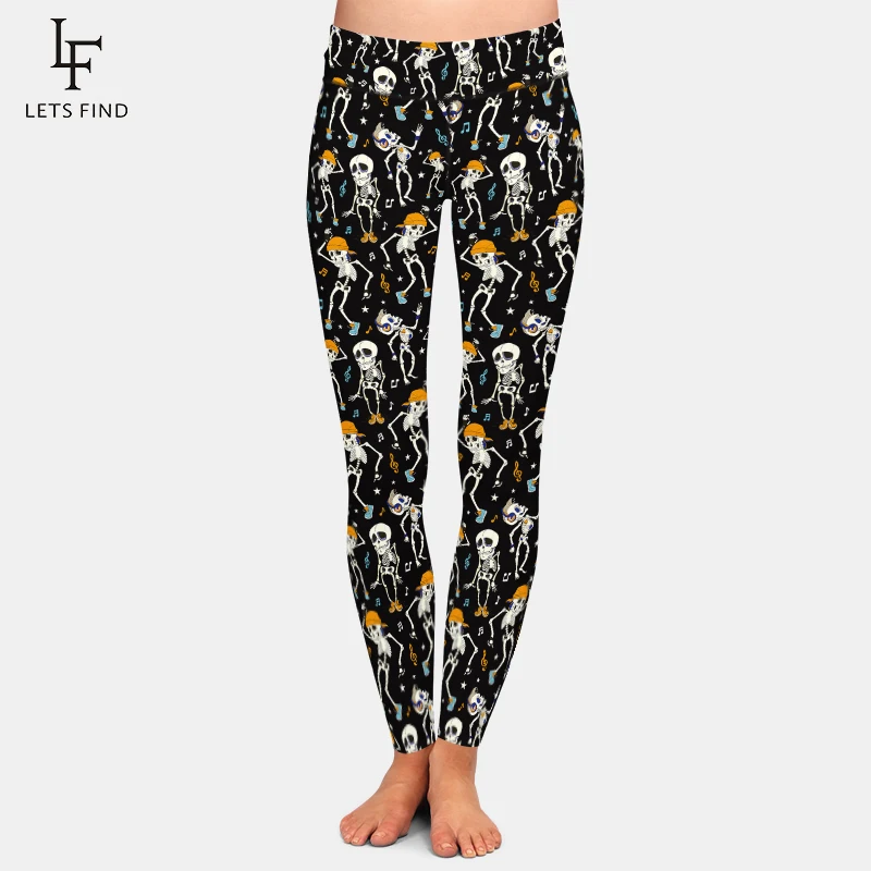 LETSFIND Womens for Leggings Slim Stretch Trouser Dancing Skeletons Party Halloween Pattern Print Leggings High Waist Leggings