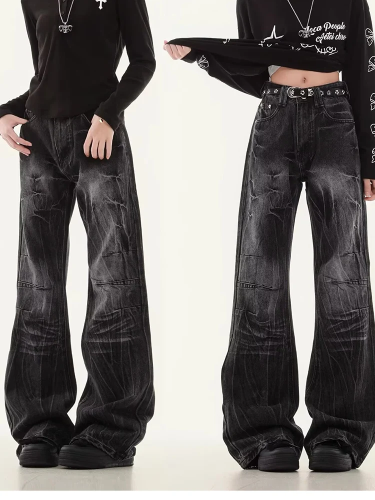 

Y2K Hip Hop Jeans American Retro Design Trendy High Street Washed Tie Dye Zipper Micro Flared Long Pants