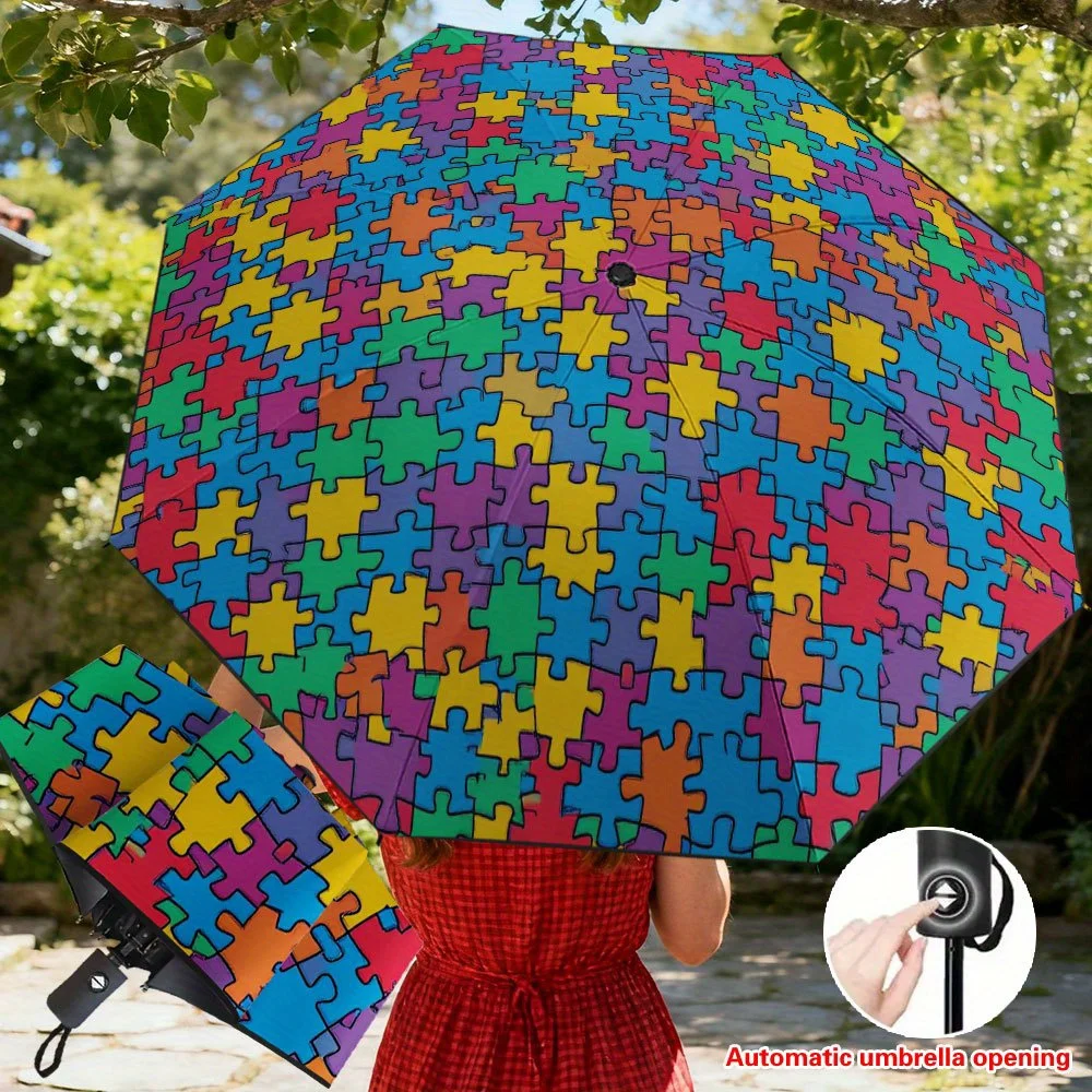 

1pc Automatic Umbrella with Color-Changing Puzzle Design (Autumn-Tie/Diagonal Stripe), Auto Open/Close, 8-Rib Reinforced Frame