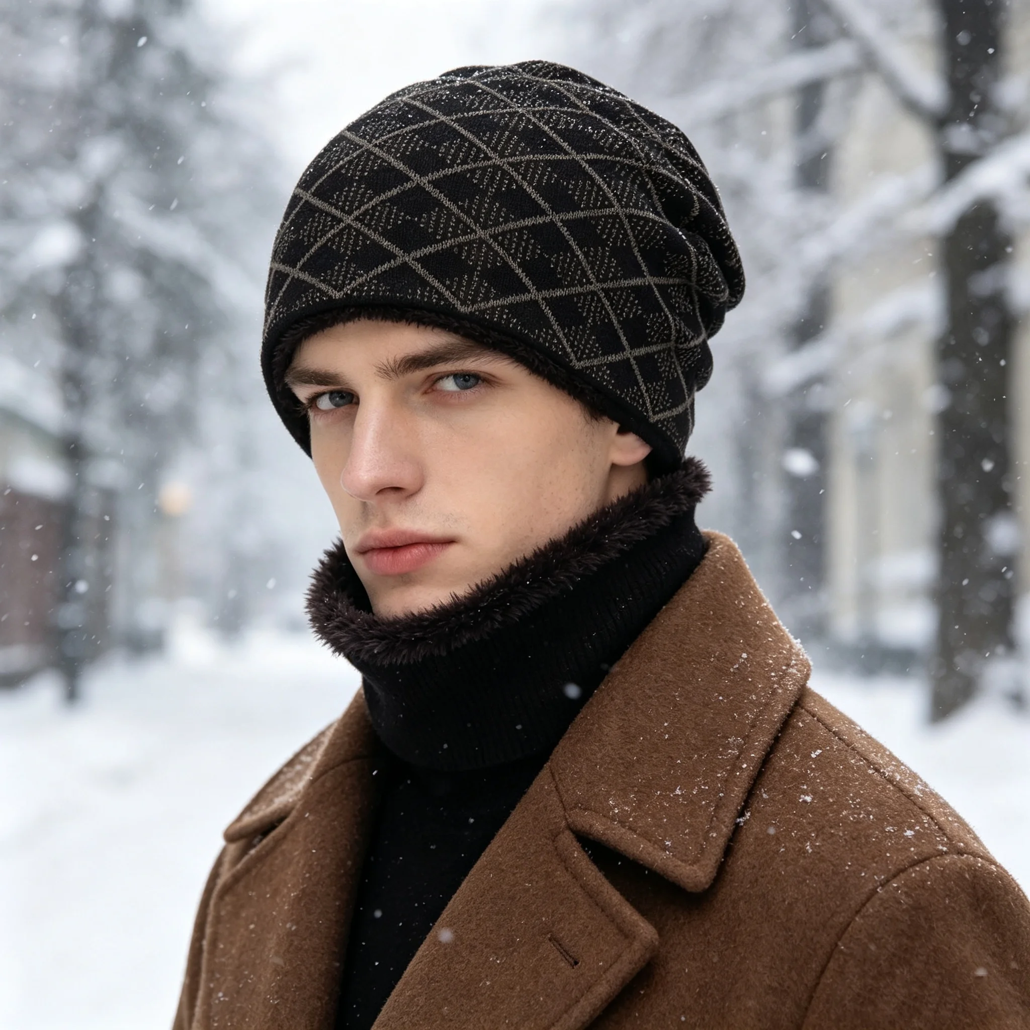 Men's Winter Fleece-Lined Warm Beanie Hat, Diamond Texture Jacquard Knit Hat with Long Plush Lining, Outdoor Windproof Pullover Cold Weather Hat
