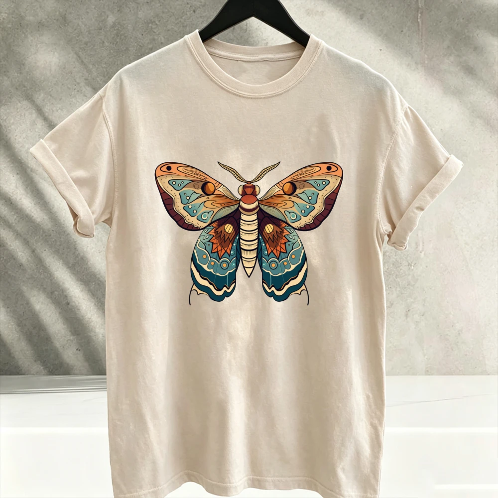2026 Vintage Moth Graphic Printed T-Shirt Orange Blue Brown Ornamental Wings Retro Botanical Short Sleeve Tee Unisex Cotton Tops