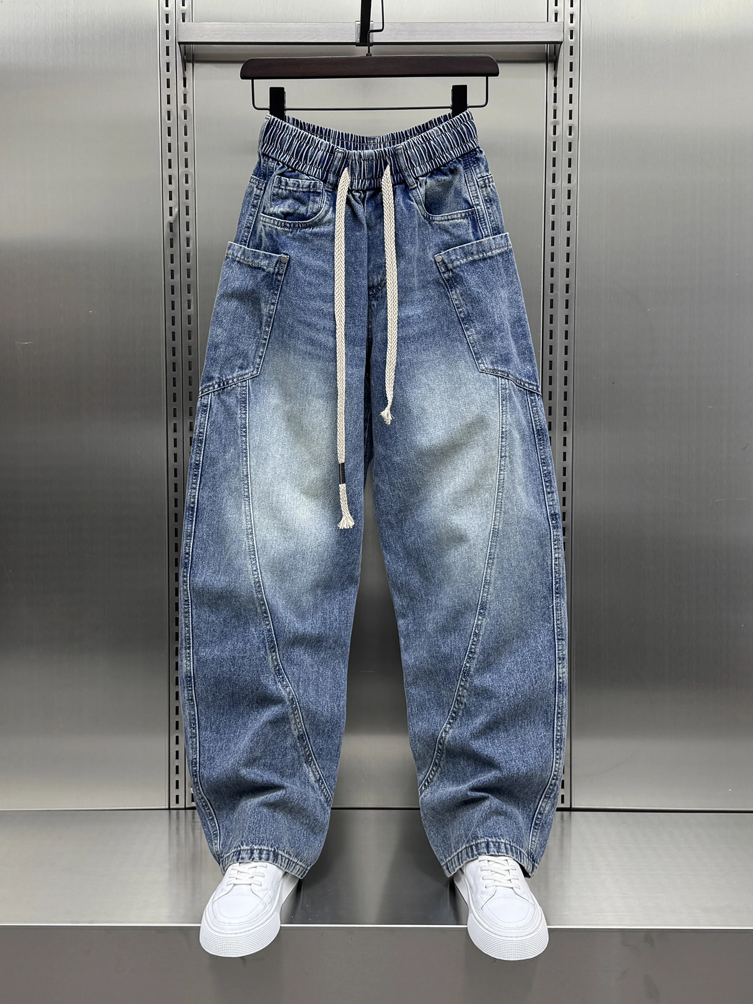 

Мужские джинсовые джинсы с завышенной талией, весна 2024, модные брендовые молодежные прямые брюки с несколькими карманами, прочные, удобная посадка