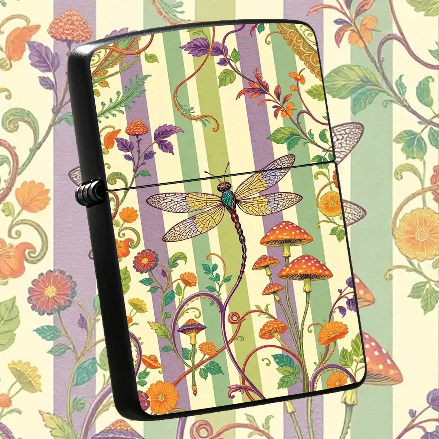 Whimsical Dragonfly Mushroom Pattern Lighter, Retro Striped Art Print Portable Igniter, Exquisite Whimsical Garden Decor Accessory For Daily Use, Gifting, Indoor Outdoor Scenes, Unique Aesthetic Practical Carry-On Item A Humorous And Intere