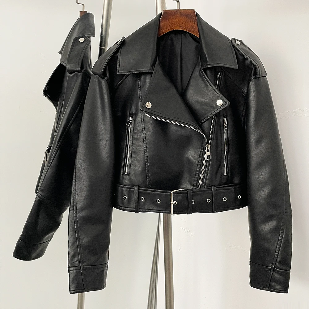 OFTBUY بولي معطف معطف جلد المرأة سترة جلدية جديدة صديقة للبيئة الخريف فو سترة جلدية البنطال القصير الملابس جيوب الربيع الإناث