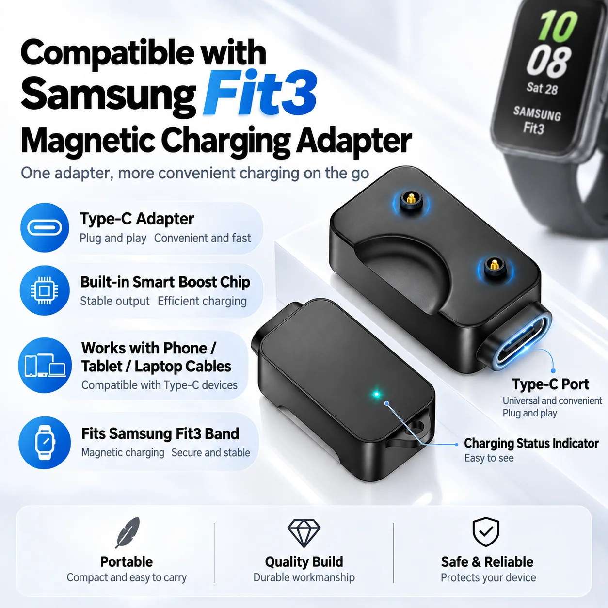 Magnetic Charging Adapter with Blue Indicator Light, Portable Charger Connector for Samsung Galaxy Fit3 Smart Band.