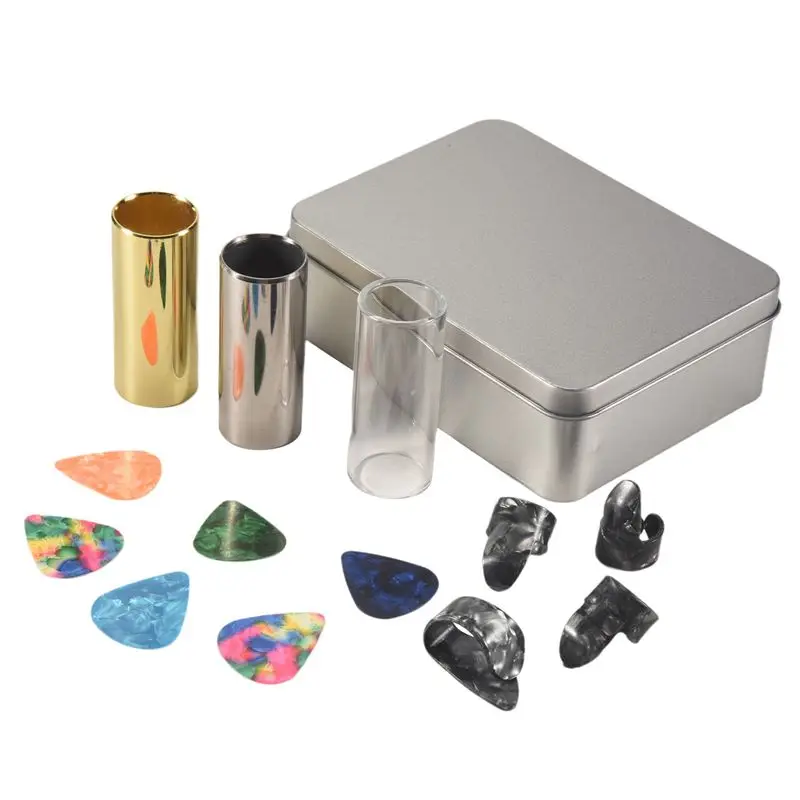 

ABUE-Guitar Slide Set Of 1 Glass Slide, 1 Steel Slide And 1 Brass Guitar Slide, 6 Pcs Guitar Picks And 4 Finger Picks