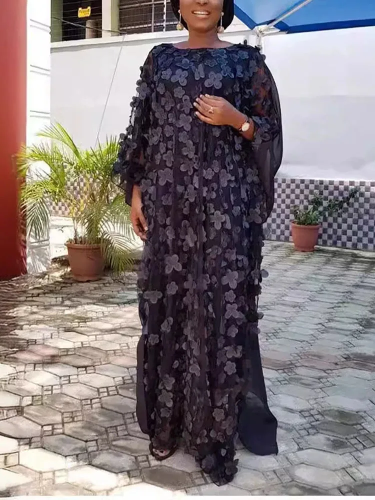 فستان نسائي برقبة دائرية وأكمام طويلة فضفاضة كبيرة الحجم + سترة من قطعتين تنورة طويلة مطرزة بالزهور ثلاثية الأبعاد #4