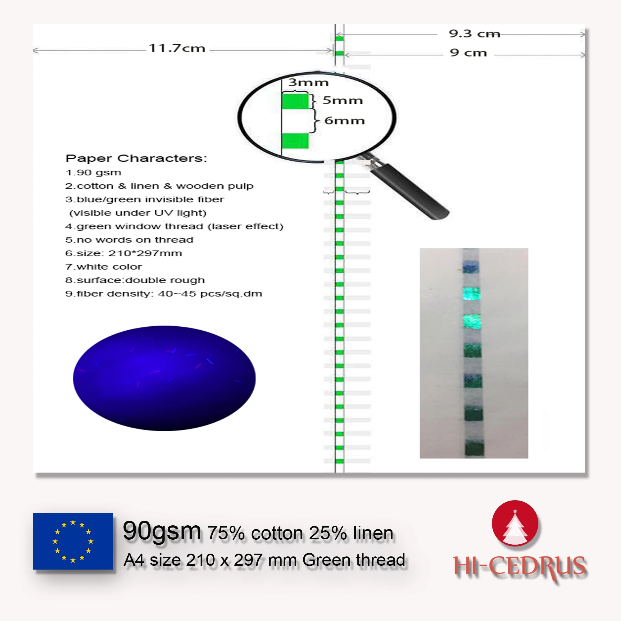 Papier A4 75% Coton 25% Lin, 90 g/m², Couleur Blanche avec Fibre Invisible UV, Fil Vert, 50 Feuilles, GCYT019, 210x297mm