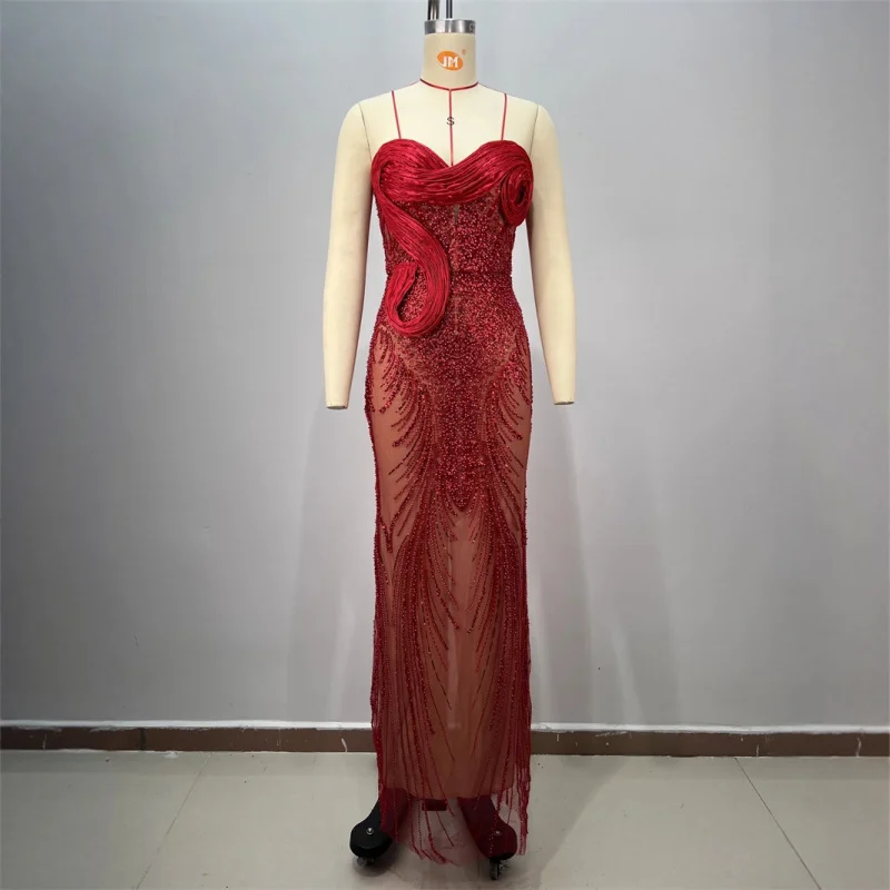 신상 디자인 스팽글 비즈 시스루 메쉬 스트랩리스 드레스 고급 파티 이브닝 가운