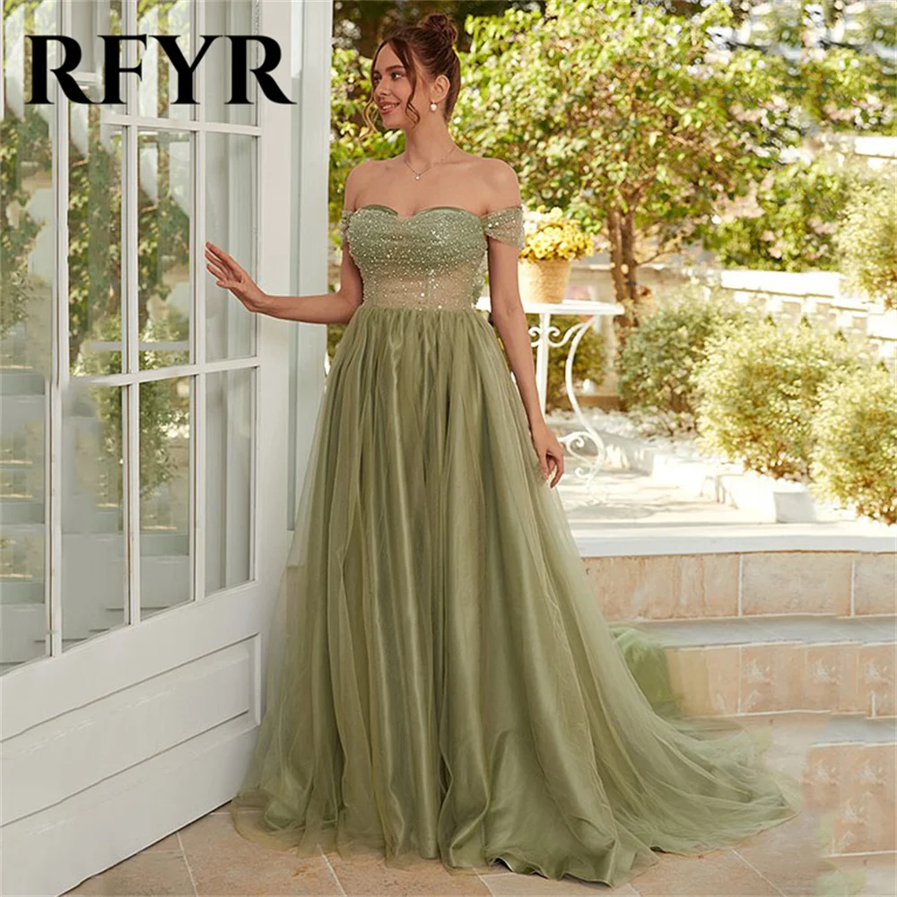 RFYR Shiny Sage Green Evening Dresses A-Line Prom Dresses Off The Shoulder Vestidos De Noche Pleat Sweetheart Party Dresses