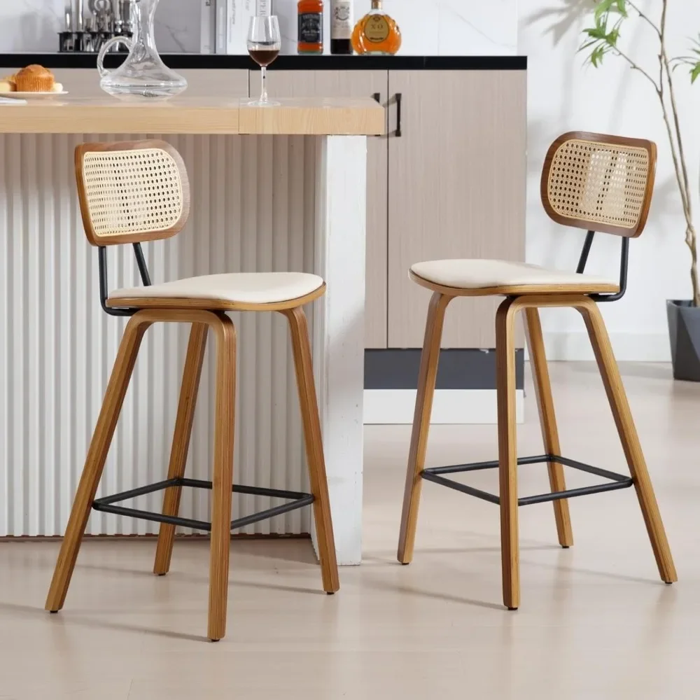 

Modern Bar Stools Set of 2 26 Counter Height Barstools with Rattan Back PU Kitchen Island Chair with Solid Wood Legs