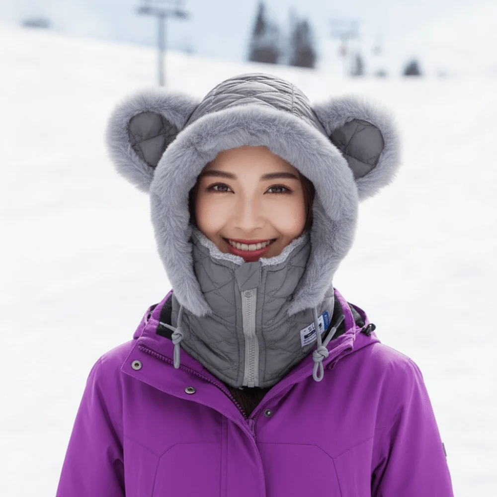 Thick Hooded Scarf Hat Fleece Lined Windproof Unisex Balaclava Zipper Closure Soft Fabric Winter Face Mask Men