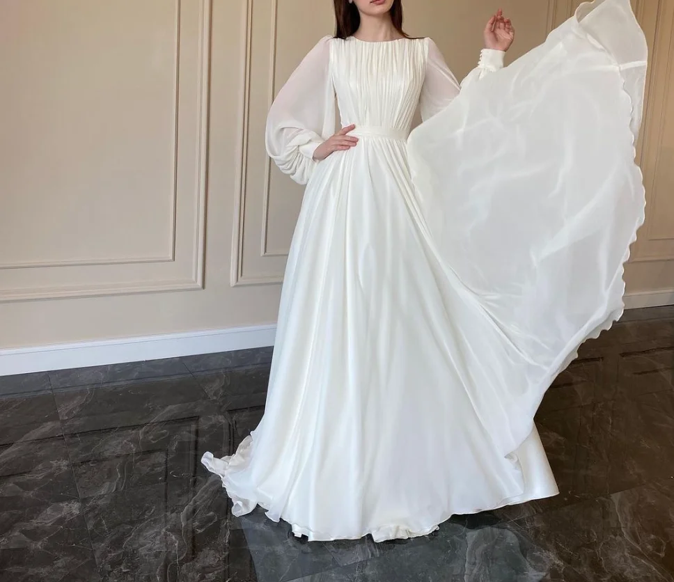 New Spring Fashion Lantern Sleeve O-Neck Solid Color Slim Fit Floor-Length Ball Gown Dress For Women