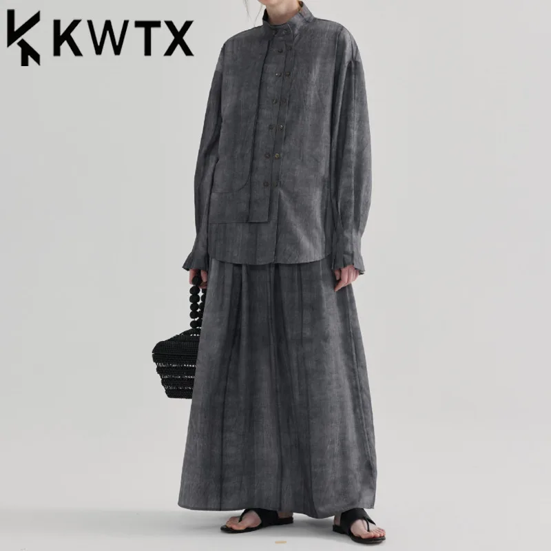 

KWTX Tie-Dye 2-Piece Set False Two-Piece Shirt & Pleated Skirt, Stand Collar Vintage Elegant High Quality Spring Summer 2025