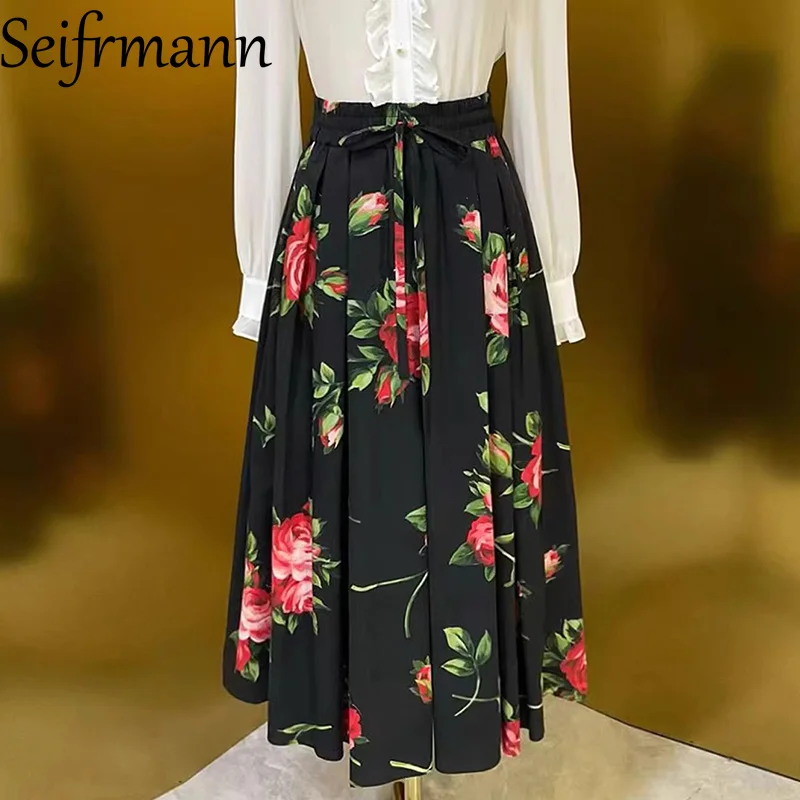 

Seifrmann 2026 Spring Women's clothing New Fashion Casual Printed Elastic Waist Full Cotton Long Half Skirt