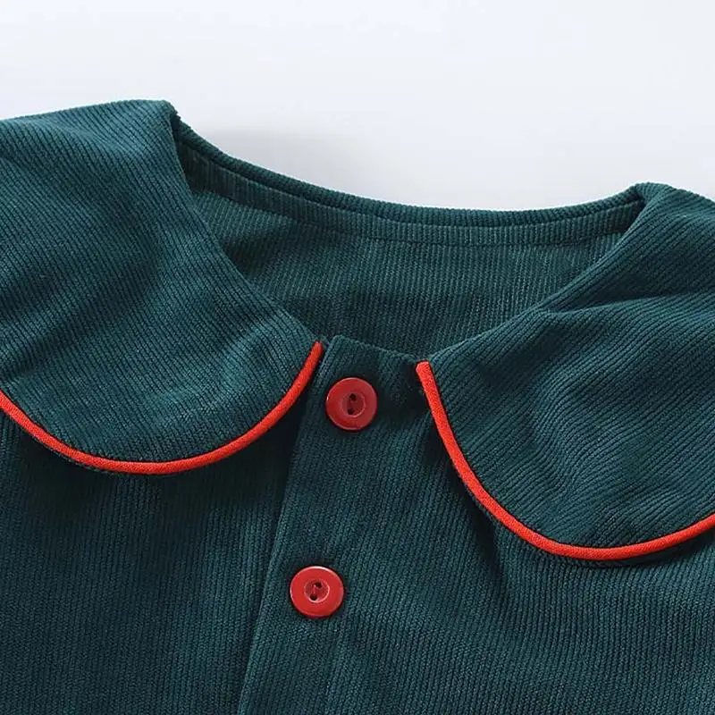 DAYIFUN Girls Corduroy Dress Lovely Solid Loose Long Sleeved Frock Doll Collar Buttons Elegent Daily Leisure Dark Green Dresses