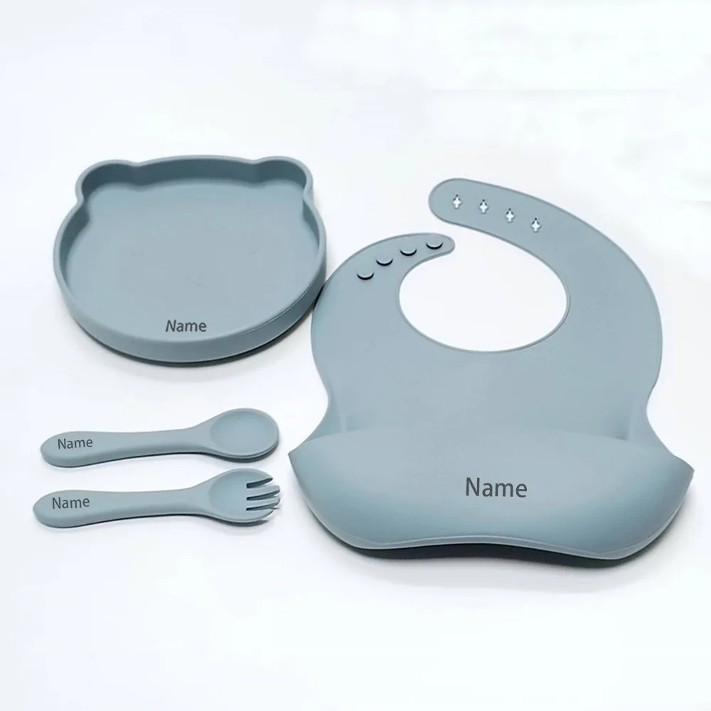 Free Name Printing Silicone Children's Tableware Feeding Bowl Silicone Fork Spoon Plate Meal Training Holiday Gift