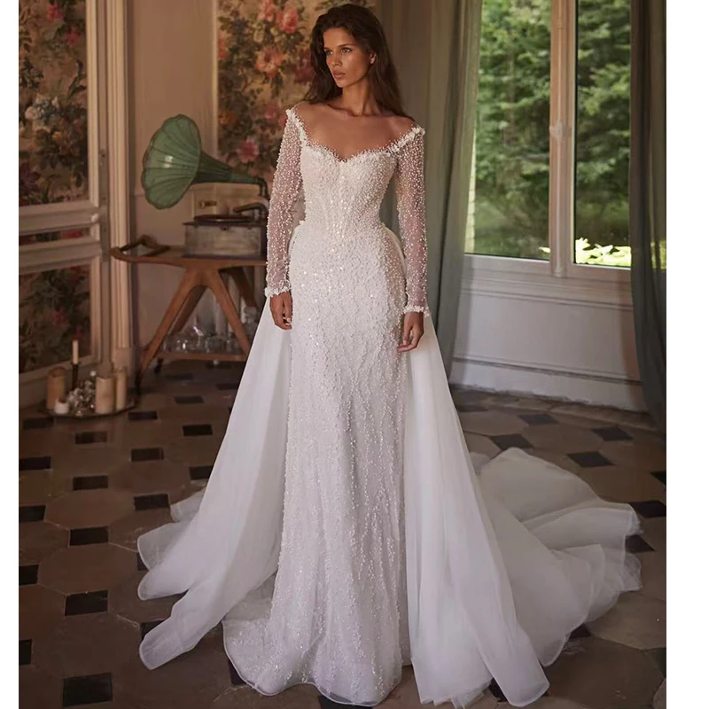 

Glitter Detachable Train Wedding Dress Fully Beaded With Organza Mermaid Ball Gown Full Sleeve O-Neck Customized Bride Dress