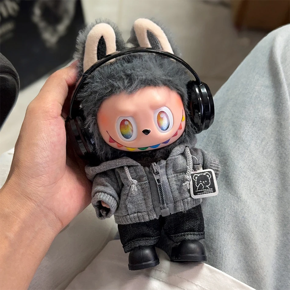 For labubu Big Into Energy Series Casual Hoodie Grey And Black Suit Fashion Sweatshirt Jacket Lovely Outfit Gifts Doll Clothing