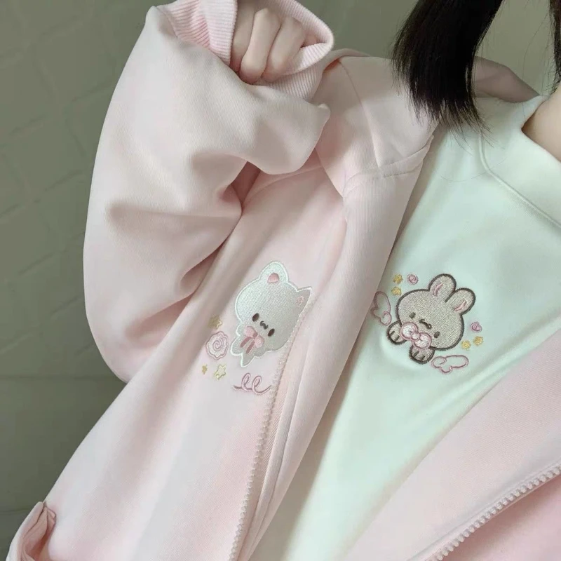 Japanese Kawaii Half High Collar Lolita Women T-shirts Grunge Sweet Slim Cartoon Bunny Embroidery Tees Y2k Aesthetic Sweet Tops