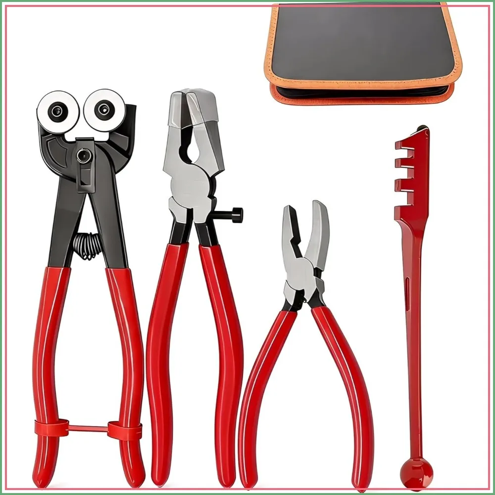 

4PCS Glass Cutting Tools Set – Wheeled Glass Tile Nipper, Running Pliers, Breaking Pliers & Cutter for Stained Glass, Tiles, Mosaic