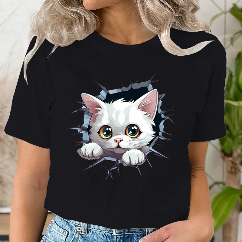 Kawaii Cartoon Cat Print Women T-shirt Cracked Wall Cat Premium T-Shirts Women Cute Cats Kitten Lovers Cartoon Summer T-shirts