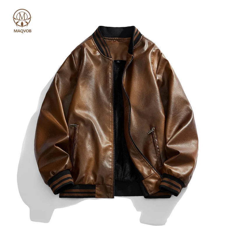 MAQVOB EU US Size Luxury Quality Gradient Fleece Men Leather Jacket Holiday Travel Outdoor Street Stylish Faux Leather Coat