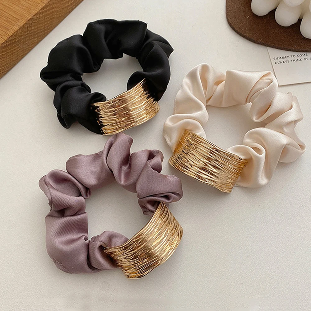 Creative Metal Arched Headband For Women Satin Metal Hair Rope Fashion Retro Ponytail Holder Hair Tie Simple Rubber Bands