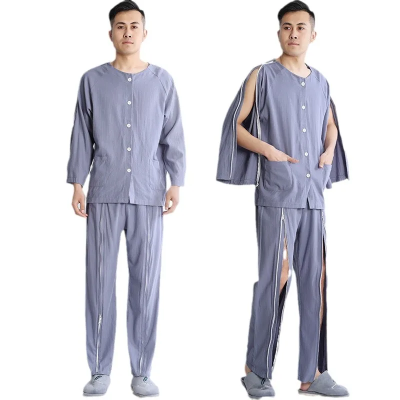 Cotton Cardigan hospital Patient Suit Unisex Fracture patient uniform Double zipper Nursing Top Pants easy to wear sets for men