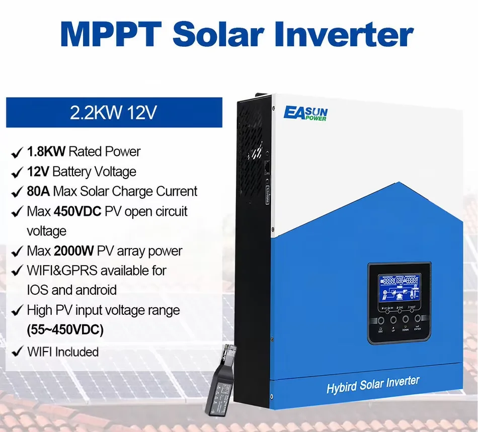 EASUN 2,2 kW Hybrid-Solar-Wechselrichter 12 V 230 V 80 A Mppt-Solarladeregler PV-Eingang 450 V reiner Sinus-Wechselrichter mit WIFI – Detail 2