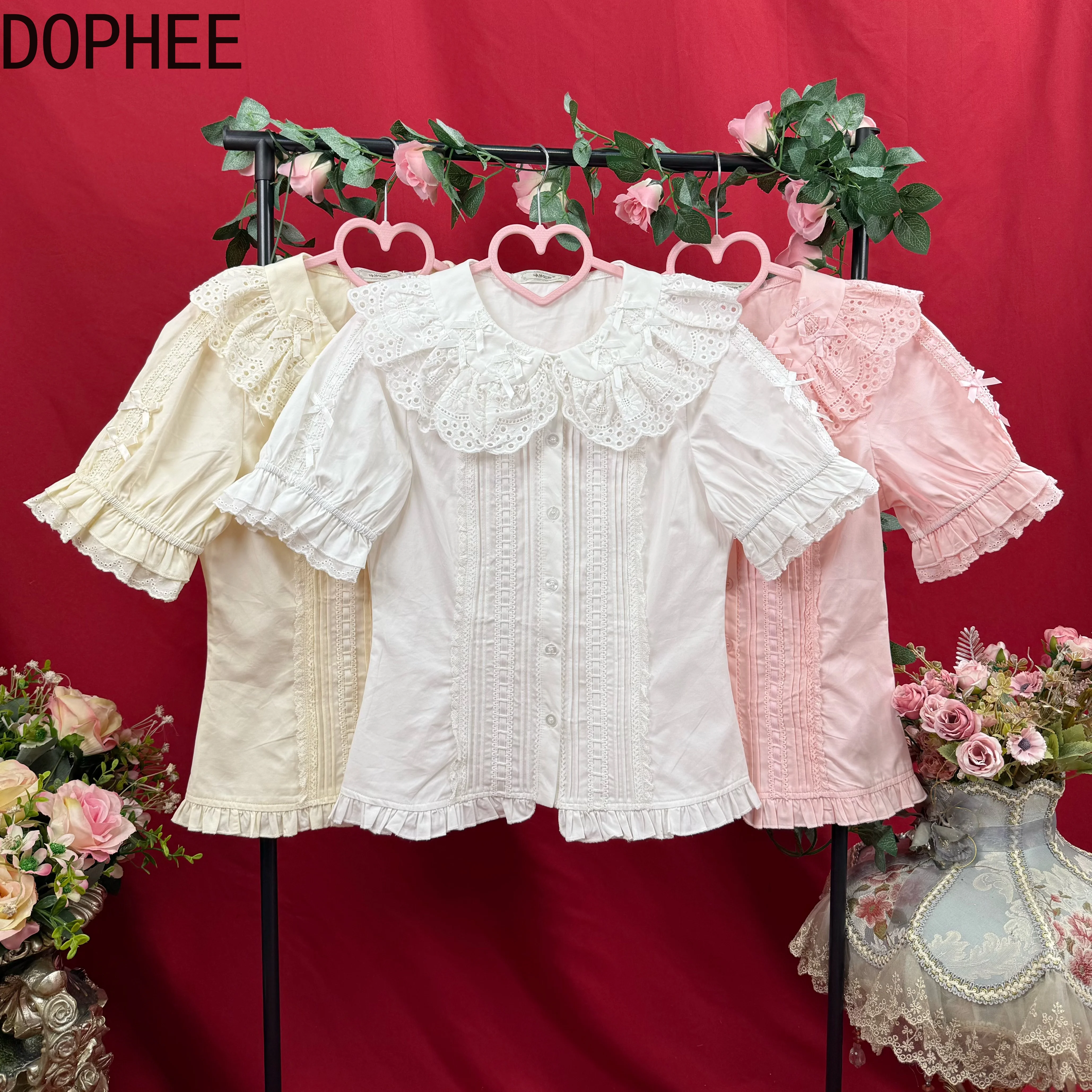 

Original New Summer Cute Peter Pan Collar Short Sleeve Slim Cardigans Shirt Lolita Basic Top Elegant Lace Splicing Cotton Shirts