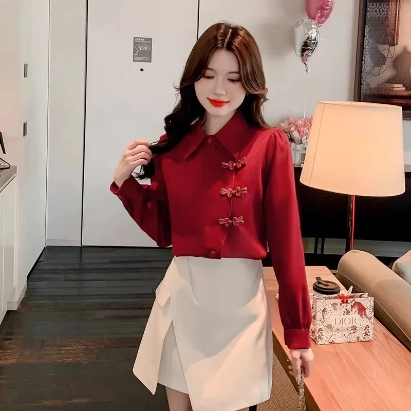 Red Chinese Sle Retro Button irt Women's Autumn Winter New Sle Elegance Blouse Trendy National Sle Top Women