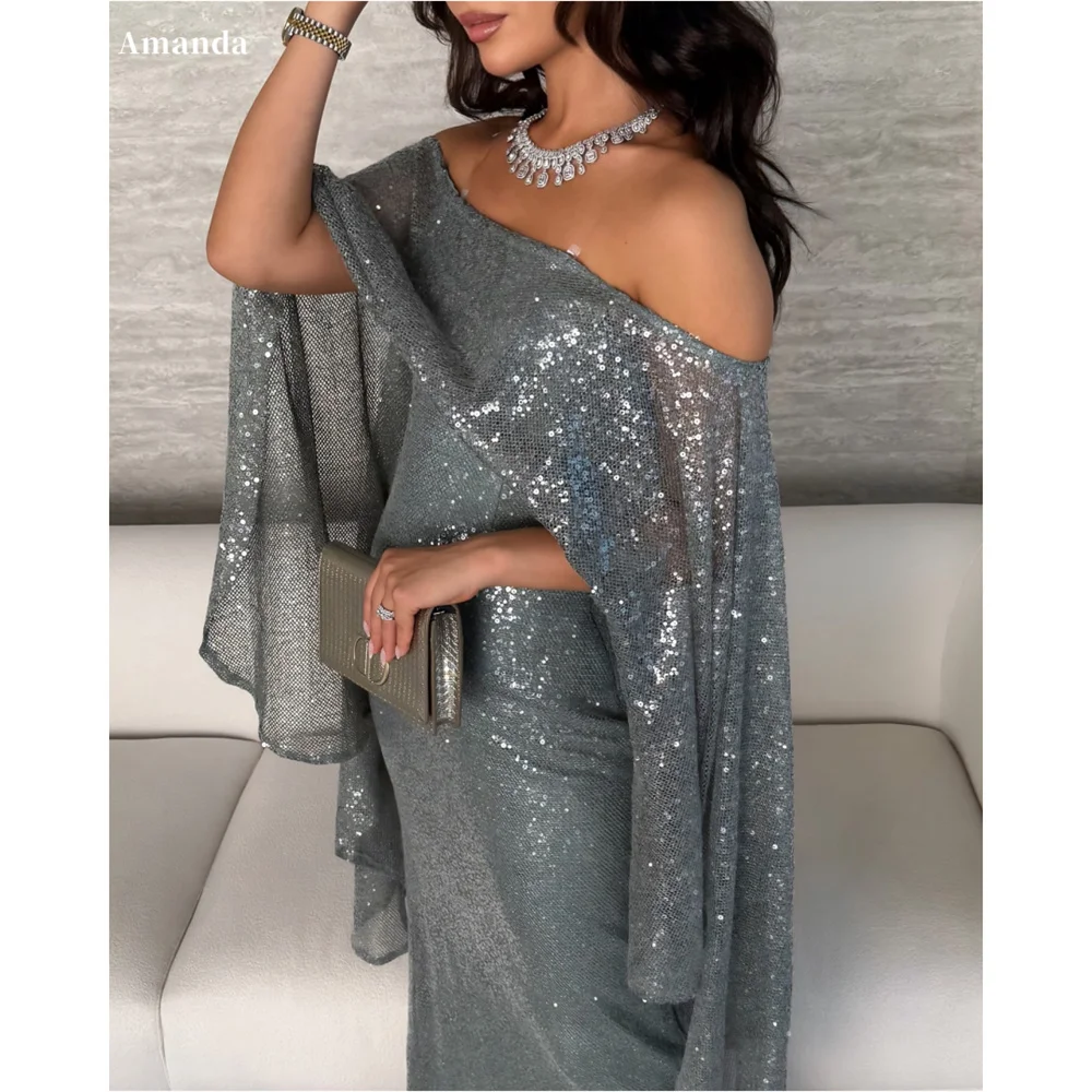

Amanda Customized Luxury Shawl Shiny Sequins Prom Dresses Spaghetti Strap Column vestidos de noche Ankle-Length Formal Evening