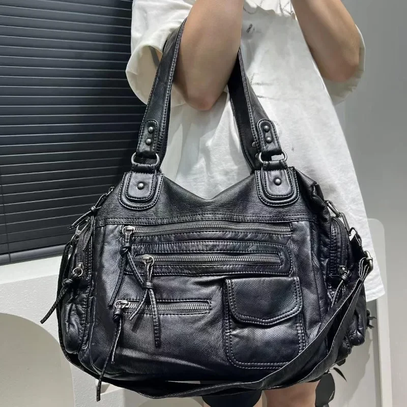 

Women's Fashion Y2K Hot Girl Motorcycle Bag Large Capacity Washed Distressed Shoulder Crossbody Handbag
