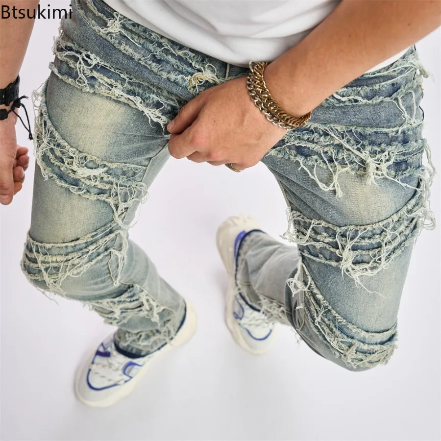 2025 Spring Autumn New Ripped Men's Jeans Street Trends Fashionable Loose Wide Leg Pants Men's Elastic Jeans Casual Men's Pants