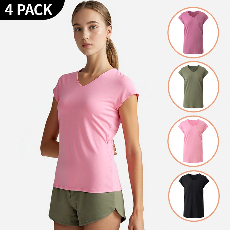 4/1 Piece Summer Autumn Women's Solid Color Basic Versatile Short Sleeved T-shirt Casual Sports Running Fitness Small V-neck Top
