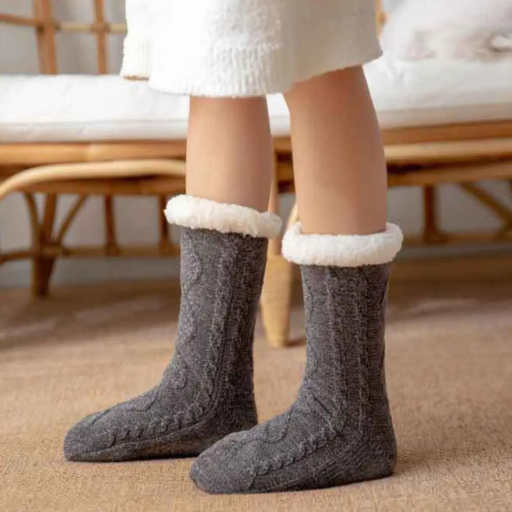 Home Slippers Thickened Thermal Cashmere Socks Velvet Solid Color Sleep Socks Woven Warm Boots Socks Indoor Activities