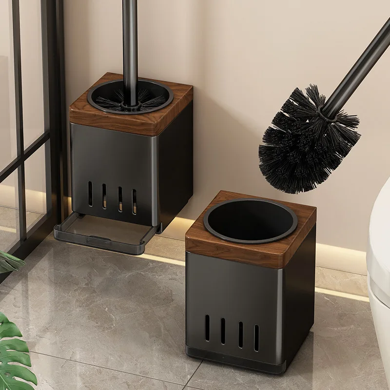 High End Walnut Wooden Bucket Brush Household  No Dead Corners Toilet Brush Set Wall Mounted Toilet Storage Rack Light Luxury