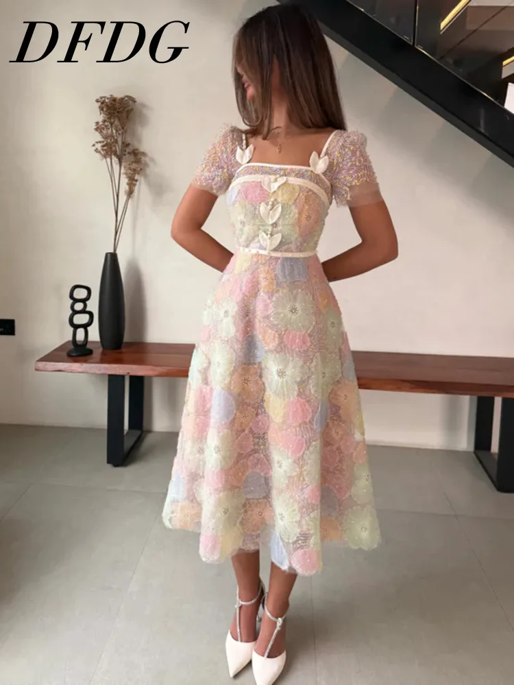 

Женское платье DFDG весна-лето, разноцветное, кружевное, с коротким рукавом, приталенное, миди, повседневное, модное, трендовое, 2026