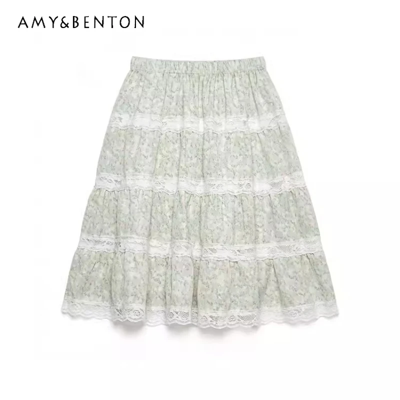 

2026 Summer New Green Lace Splicing Floral Women's Skirt Korean Design Fresh Sweet Elastic Waist Y2k Thin A-line Skirts Ladies