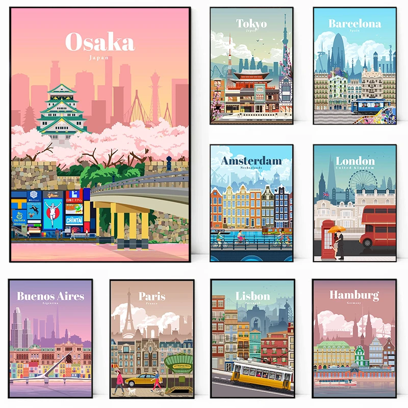 Abstract Travel Poster Tokyo New York Paris World Landscape Canvas Printing Poster Wall Art Decor Hanging Picture Home Art Decor