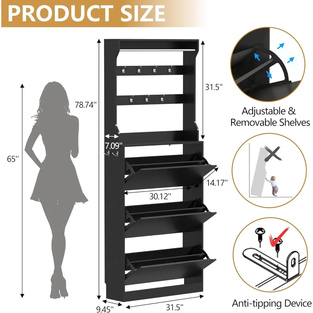 Shoe Cabinet with Coat Rack, Slim Hidden Shoe Storage Cabinet for Entryway,Freestanding Shoes Rack Organizer with 3 Flip Drawers
