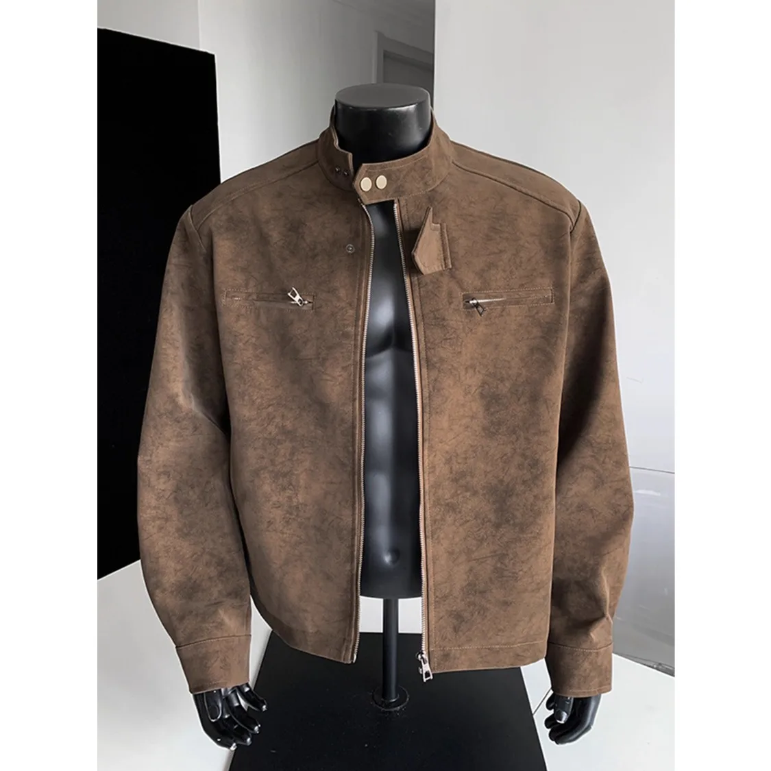 

American Retro Bla ey Stand Collar Leather Jaet Men's Sle Autumn Cleanfit Motorcycle oulder Level Baseball orm
