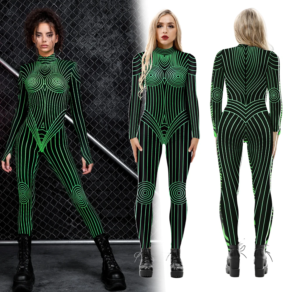 VIP FASHION Women Rave Cosplay Costume Green Pink Geometry Print Jumpsuits Ladies Halloween Party Holiday Zentai Bodysuit Outfit